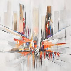 an abstract painting of people walking in the city