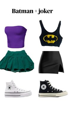 four different outfits with the words batman and joker on them