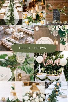 a collage of green and white wedding decorations