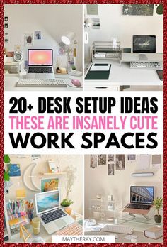 there are many different desks and computers in this collage with the words 20 + desk setup ideas