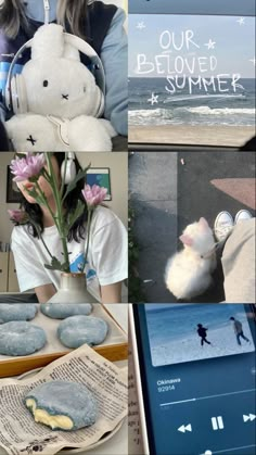 a collage of photos with flowers, stuffed animals and other things in them that are on display