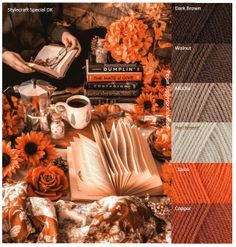 an orange and brown color scheme with books, coffee mugs, flowers and other items