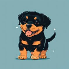 a black and brown dog sitting on top of a blue background