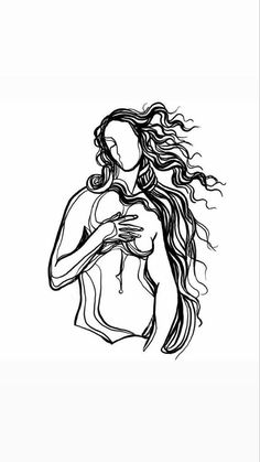 a black and white drawing of a woman with long hair holding her hand on her chest