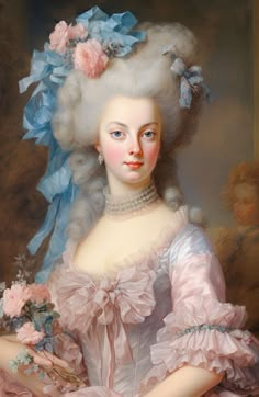 a painting of a woman with flowers in her hair wearing a pink dress and holding a teddy bear