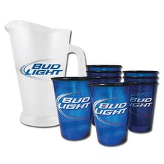 the bud light mug is next to four cups and a pitcher, which are blue