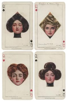 four playing cards with women's heads in different hairs and hair styles on them