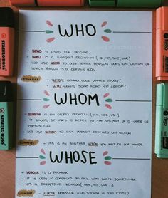 a piece of paper with writing on it next to some pens and marker markers that say who whom?