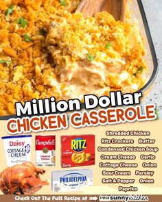 chicken casserole recipe in a pan with the words million dollar chicken casserole