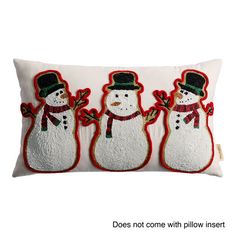 three snowmen with hats and scarfs are shown on a white pillow that says does not come with pillow insert