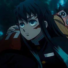 two anime characters one with blue eyes and the other with black hair, standing next to each other