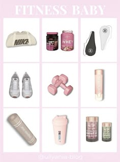 a pink poster with the words fitness baby on it and various items to choose from