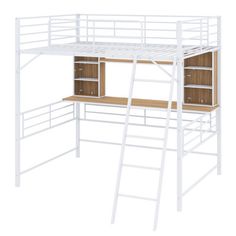 a white loft bed with wooden shelves and ladders on the bottom level, against a white background