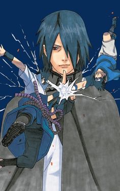 an anime character with blue hair holding his hands out and pointing at something in the air