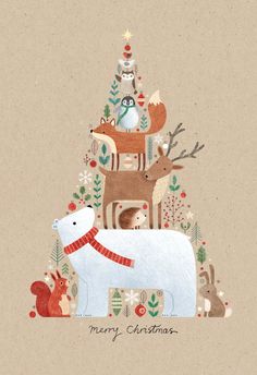 'Animals in a tree shapeChristmas card template you can print or send online as eCardPersonalize with your own messagephotos and stickers. Christmas Card Greetings, Christmas Card Illustration, Card Greetings, Greetings Island, Christmas Card Art, 카드 디자인, Christmas Card Template, Christmas Room, Christmas Drawing