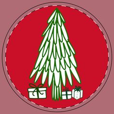 a white christmas tree with presents in front of it on a red and white circle