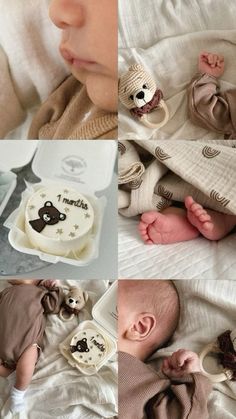 a collage of photos showing baby's first birthday cake