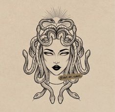 a drawing of a woman's face with snakes on her head