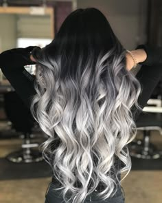 Long Silver Ombre With Stretched Black Roots Black To Grey Ombre Hair, Black To Silver Ombre, Ashy Balayage, Black Haircut Styles, Silver Ombre Hair, Grey Ombre Hair, Black Hair Balayage, Silver Hair Color, Penteado Cabelo Curto