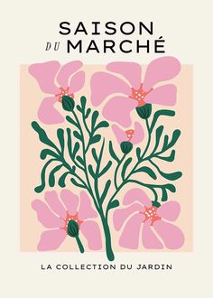 a pink flower with green leaves on it and the words la collection du jardin