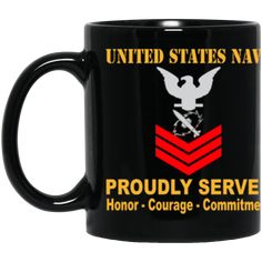 a black coffee mug with the united states navy proudly served logo and words on it