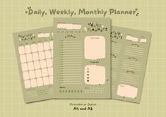 three planner pages with the words daily, weekly, and month planners on top of them