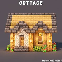 a house made out of wood and stone with the words cottage above it