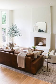 a living room filled with furniture and a fire place in the middle of a room