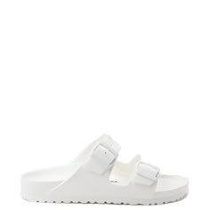 Womens Birkenstock Arizona EVA Sandal - White | Journeys Beach Sport Sandals With Adjustable Strap, Synthetic Slides With Adjustable Strap For Beach, Summer Footbed Sandals With Cushioned Adjustable Fit, Summer Synthetic Footbed Sandals For Vacation, White Adjustable Sandals For Pool, Casual Double Strap Footbed Sandals For Vacation, Adjustable Strap Synthetic Sandals For Beach, Comfortable Slides With Buckle Closure For Beach, Adjustable White Sandals For The Pool