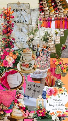 a collage of wedding and party items including cake, cards, flowers, and more