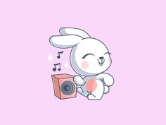 a cartoon bunny holding a camera with music notes coming out of it