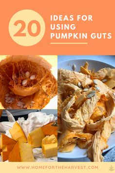 some pumpkins and other food items with the words 20 ideas for using pumpkin guts