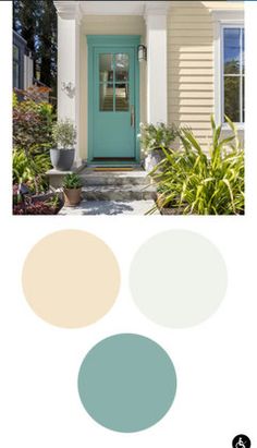 a blue door and some plants in front of a house with the words paint colors on it