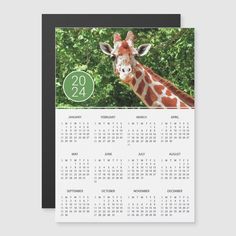 a calendar with a photo of a giraffe in front of some trees and bushes