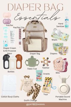 the diaper bag essentials list is shown with its contents and instructions to use it