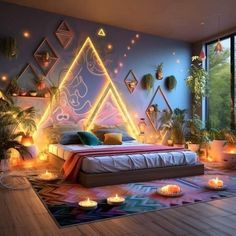 a bedroom with candles lit up on the floor and walls, along with a large bed surrounded by potted plants