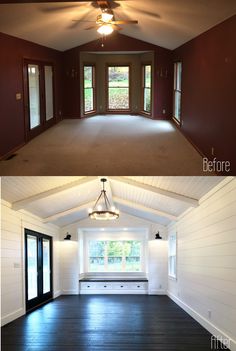 before and after photos of an empty living room with wood flooring, windows, and ceiling fan