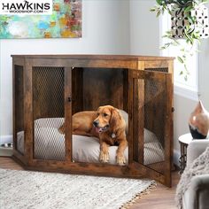 a brown dog laying on top of a bed in a living room next to a window