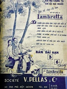 an old advertisement for a scooter with two people on it