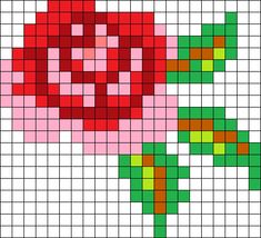 a cross stitch pattern with a red flower on the center and green leaves in the middle