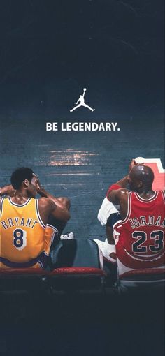 two basketball players sitting next to each other in front of a sign that says, be legendary