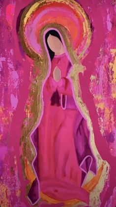 an abstract painting of the virgin mary in pink and yellow colors with gold trimmings