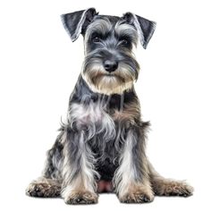 a gray and black dog sitting on top of a white floor