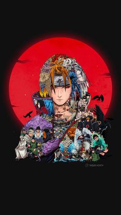 an anime character is surrounded by other characters in front of a red moon and black background