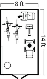 the floor plan for a bathroom with two sinks and three toilets, including an overhead shower