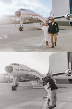 black and white photos of two people walking towards an airplane on the tarmac with another person standing next to it