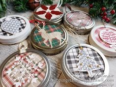 christmas ornaments in tins on a table