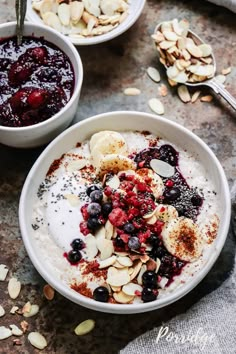 a white bowl filled with fruit and granola