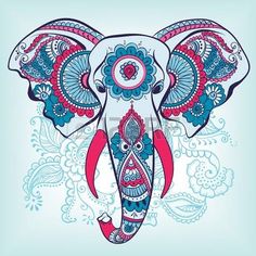 an elephant's head decorated with flowers and paisleys on a blue background,