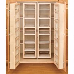 an empty pantry with two doors open